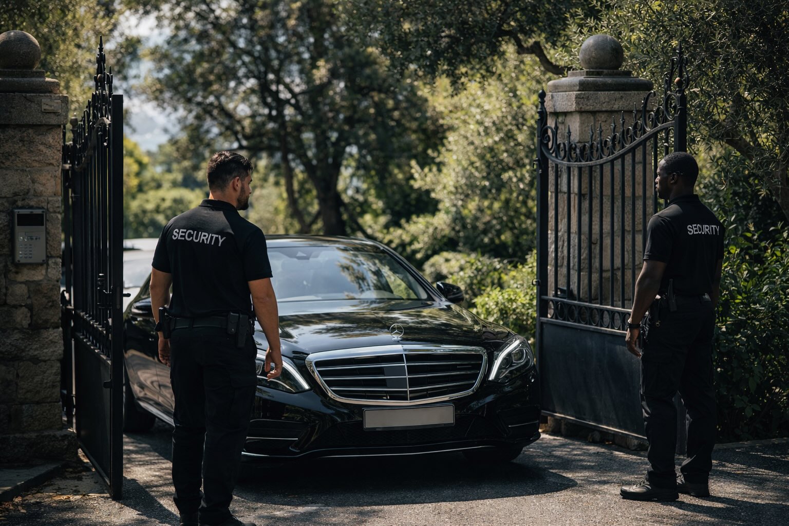 Agents de sécurité devant le portail d'une propriété privée