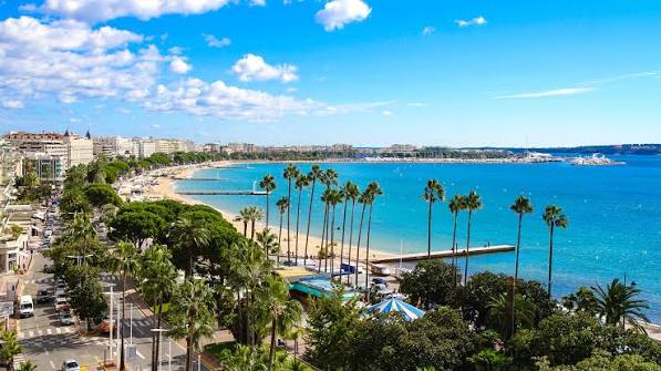 Vue panoramique de la Croisette, de sa plage et de ses palmiers à Cannes